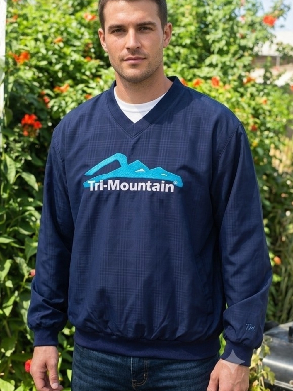 Tri-Mountain Men's Navy Blue V-Neck Pullover Golf Windshirt Jacket Size Large